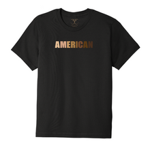 Load image into Gallery viewer, black unisex crew neck 100% cotton short sleeve graphic t-shirt with "American" printed in a range of skin tones.