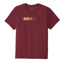 Load image into Gallery viewer, Currant red unisex crew neck 100% cotton short sleeve graphic t-shirt with "American" printed in a range of skin tones.