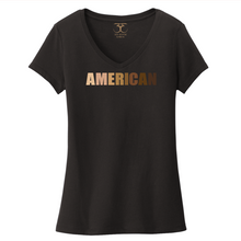 Load image into Gallery viewer, black women's v-neck 100% cotton short sleeve graphic t-shirt with "American" printed in a gradient of skin tones.