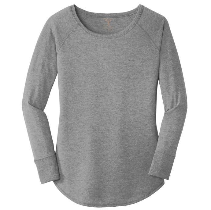 women's long sleeve wide neck tunic style t-shirt in grey frost. 50/25/25 poly/combed ring spun cotton/rayon blend