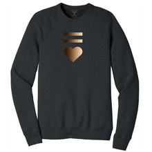 Load image into Gallery viewer, Dark heather grey unisex crew neck cotton/poly long sleeve graphic sweatshirt with equal and heart symbols printed in a gradient of skin tones.