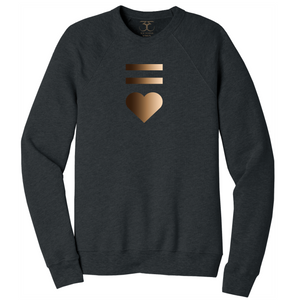 Dark heather grey unisex crew neck cotton/poly long sleeve graphic sweatshirt with equal and heart symbols printed in a gradient of skin tones.
