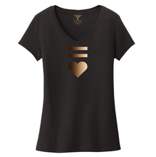 Load image into Gallery viewer, Black women's v-neck 100% cotton short sleeve graphic t-shirt with equal and heart symbols printed in a gradient of skin tones.