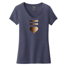 Load image into Gallery viewer, Heathered navy blue women's v-neck cotton/poly short sleeve graphic t-shirt with equal and heart symbols printed in a gradient of skin tones.
