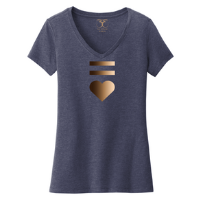 Heathered navy blue women's v-neck cotton/poly short sleeve graphic t-shirt with equal and heart symbols printed in a gradient of skin tones.