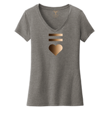 Load image into Gallery viewer, Heather grey women's v-neck cotton/poly short sleeve graphic t-shirt with equal and heart symbols printed in a gradient of skin tones.