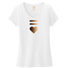 Load image into Gallery viewer, White women's v-neck 100% cotton short sleeve graphic t-shirt with equal and heart symbols printed in a gradient of skin tones.