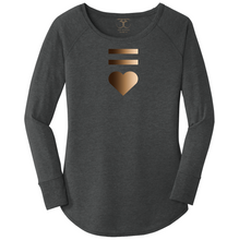 Load image into Gallery viewer, women&#39;s long sleeve wide neck tunic style t-shirt in black frost with equal and heart symbols printed in a gradient of skin tones
