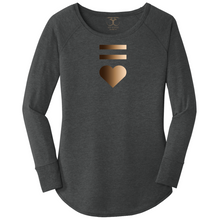 Load image into Gallery viewer, women's long sleeve wide neck tunic style t-shirt in black frost with equal and heart symbols printed in a gradient of skin tones