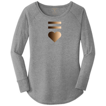Load image into Gallery viewer, women's long sleeve wide neck tunic style t-shirt in grey frost with equal and heart symbols printed in a gradient of skin tones.