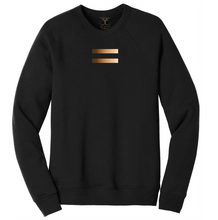 Load image into Gallery viewer, black unisex crew neck cotton/poly long sleeve graphic sweatshirt with equal symbol printed in a gradient of skin tones.
