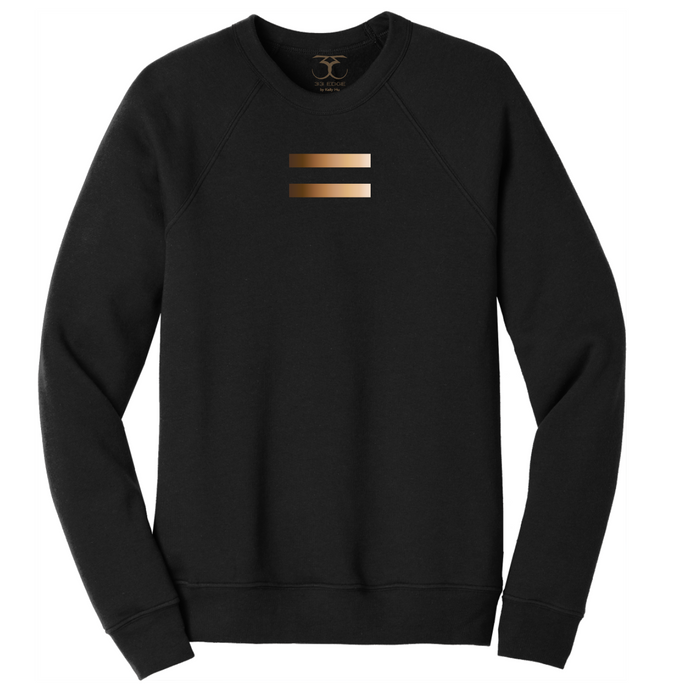 black unisex crew neck cotton/poly long sleeve graphic sweatshirt with equal symbol printed in a gradient of skin tones.
