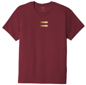 Currant red unisex crew neck 100% cotton short sleeve graphic t-shirt with equal symbol printed in a gradient of skin tones.