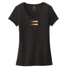 Load image into Gallery viewer, black women's v-neck 100% cotton short sleeve graphic t-shirt with equal symbol printed in a gradient of skin tones.