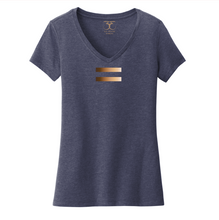 Load image into Gallery viewer, Heathered navy women's v-neck cotton/poly short sleeve graphic t-shirt with equal symbol printed in a gradient of skin tones.