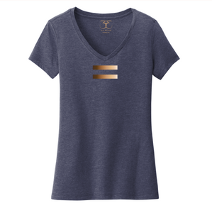 Heathered navy women's v-neck cotton/poly short sleeve graphic t-shirt with equal symbol printed in a gradient of skin tones.