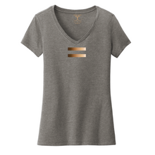 Load image into Gallery viewer, Heather grey women&#39;s v-neck cotton/poly short sleeve graphic t-shirt with equal symbol printed in a gradient of skin tones.

