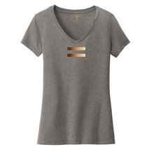 Load image into Gallery viewer, Heather grey women's v-neck cotton/poly short sleeve graphic t-shirt with equal symbol printed in a gradient of skin tones.