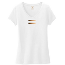 Load image into Gallery viewer, white women's v-neck 100% cotton short sleeve graphic t-shirt with equal symbol printed in a gradient of skin tones.