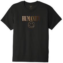 Load image into Gallery viewer, Black unisex crew neck 100% cotton short sleeve graphic t-shirt with "humanity" graphic and smily face symbol printed in a gradient of skin tones.