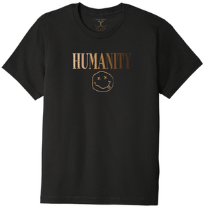 Black unisex crew neck 100% cotton short sleeve graphic t-shirt with "humanity" graphic and smily face symbol printed in a gradient of skin tones.