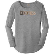Load image into Gallery viewer, women's long sleeve wide neck t-shirt in grey frost with "kindness" printed in a gradient of skin tones. 50/25/25 poly/combed ring spun cotton/rayon blend