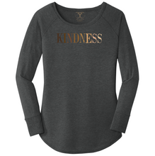 Load image into Gallery viewer, women&#39;s long sleeve wide neck t-shirt in black frost with &quot;kindness&quot; printed in a gradient of skin tones. 50/25/25 poly/combed ring spun cotton/rayon blend
