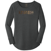 Load image into Gallery viewer, women's long sleeve wide neck t-shirt in black frost with "kindness" printed in a gradient of skin tones. 50/25/25 poly/combed ring spun cotton/rayon blend