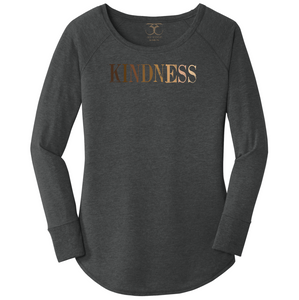 women's long sleeve wide neck t-shirt in black frost with "kindness" printed in a gradient of skin tones. 50/25/25 poly/combed ring spun cotton/rayon blend