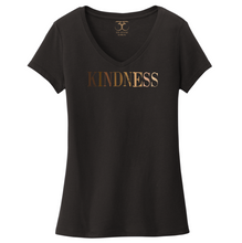 Load image into Gallery viewer, black women&#39;s v-neck 100% cotton short sleeve graphic t-shirt with &quot;kindness&quot; printed in a gradient of skin tones.
