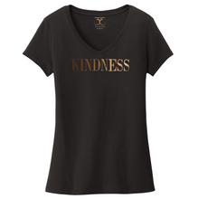Load image into Gallery viewer, black women's v-neck 100% cotton short sleeve graphic t-shirt with "kindness" printed in a gradient of skin tones.
