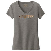 Load image into Gallery viewer, Heather grey women&#39;s v-neck cotton/poly short sleeve graphic t-shirt with &quot;kindness&quot; printed in a gradient of skin tones.

