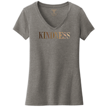 Load image into Gallery viewer, Heather grey women's v-neck cotton/poly short sleeve graphic t-shirt with "kindness" printed in a gradient of skin tones.
