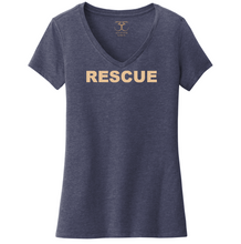 Load image into Gallery viewer, heathered navy women's v-neck cotton/ poly short sleeve graphic t-shirt with "rescue" printed in a simple bold font.
