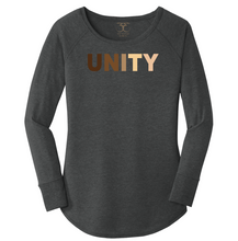 Load image into Gallery viewer, women&#39;s long sleeve wide neck tunic style t-shirt in black frost with &quot;unity&quot; printed in a range of skin tones. 50/25/25 poly/combed ring spun cotton/rayon blend
