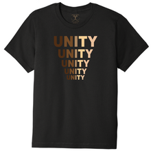 Load image into Gallery viewer, black unisex crew neck 100% cotton short sleeve graphic t-shirt with "unity" printed in five descending rows in a range of skin tones.