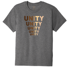 Load image into Gallery viewer, Heather grey unisex crew neck cotton/poly short sleeve graphic t-shirt with &quot;unity&quot; printed in five descending rows in a range of skin tones.
