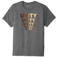 Load image into Gallery viewer, Heather grey unisex crew neck cotton/poly short sleeve graphic t-shirt with "unity" printed in five descending rows in a range of skin tones.