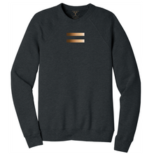 Load image into Gallery viewer, Dark heather grey unisex crew neck cotton/poly long sleeve graphic sweatshirt with equal symbol printed in a gradient of skin tones.
