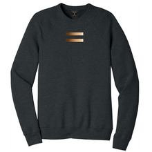 Load image into Gallery viewer, Dark heather grey unisex crew neck cotton/poly long sleeve graphic sweatshirt with equal symbol printed in a gradient of skin tones.