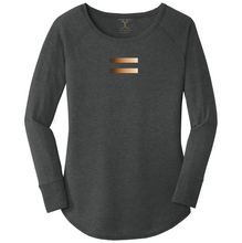 Load image into Gallery viewer, women&#39;s long sleeve wide neck tunic style t-shirt in bla ck frost with equal symbol printed in a gradient of skin tones. 50/25/25 poly/combed ring spun cotton/rayon blend
