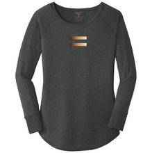 Load image into Gallery viewer, women's long sleeve wide neck tunic style t-shirt in bla ck frost with equal symbol printed in a gradient of skin tones. 50/25/25 poly/combed ring spun cotton/rayon blend