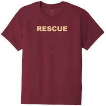 Load image into Gallery viewer, Currant red unisex crew neck 100% cotton short sleeve graphic t-shirt with &quot;rescue&quot; printed in simple bold font.
