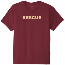 Load image into Gallery viewer, Currant red unisex crew neck 100% cotton short sleeve graphic t-shirt with "rescue" printed in simple bold font.