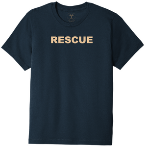 Navy unisex crew neck 100% cotton short sleeve graphic t-shirt with "rescue" printed in simple bold font.