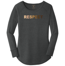 Load image into Gallery viewer, women's long sleeve wide neck tunic style t-shirt in black frost with "respect" printed in a range of skin tones. 50/25/25 poly/combed ring spun cotton/rayon blend