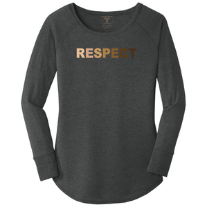 women's long sleeve wide neck tunic style t-shirt in black frost with "respect" printed in a range of skin tones. 50/25/25 poly/combed ring spun cotton/rayon blend