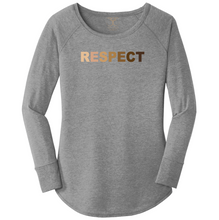 Load image into Gallery viewer, women's long sleeve wide neck tunic style t-shirt in grey frost with "respect" printed in a range of skin tones. 50/25/25 poly/combed ring spun cotton/rayon blend