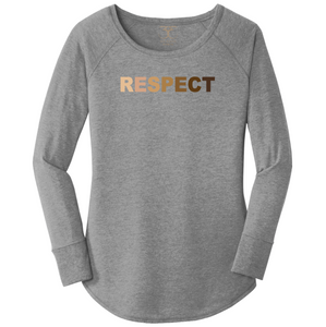 women's long sleeve wide neck tunic style t-shirt in grey frost with "respect" printed in a range of skin tones. 50/25/25 poly/combed ring spun cotton/rayon blend