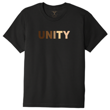 Load image into Gallery viewer, black unisex crew neck 100% cotton short sleeve graphic t-shirt with &quot;unity&quot; printed in a range of skin tones.
